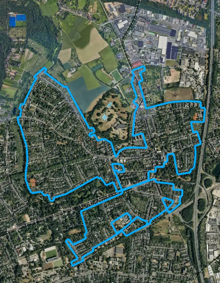 Karte von Krefeld Bockum, auf der das Nachfragebündelungsbebiet mit einer blauen Linie markiert ist