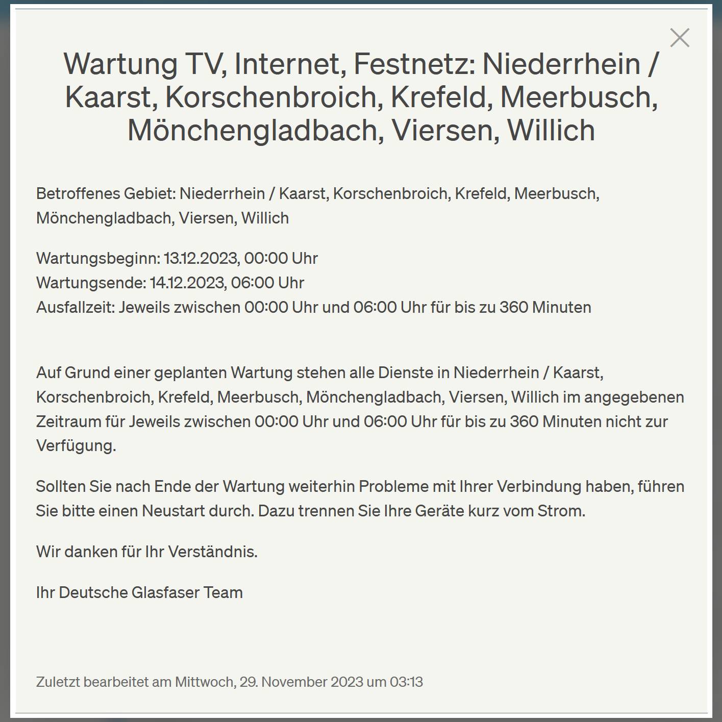 14.12. Wartungsarbeiten am Netz in Krefeld